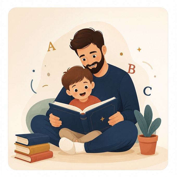 Ilustración: papá leyendo un libro con su hijo
